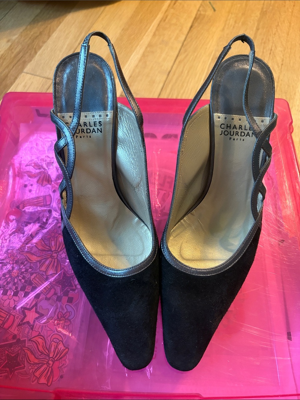 Charles Jourdan Black Suede Slingback Pointed Pumps with Scallop Strap